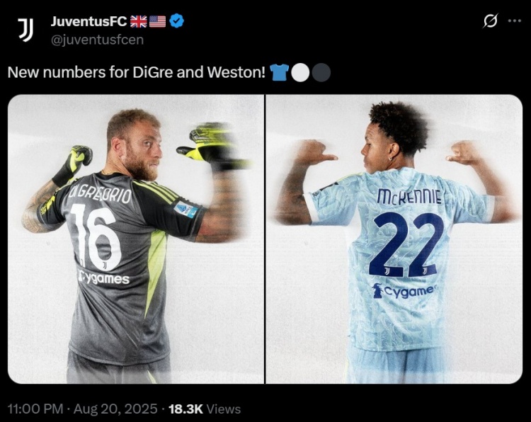 尤文图斯官方宣布迪格雷戈里奥新赛季身披16号 麦肯尼改穿22号战袍